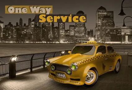 taxi vehicle and Harshid Travels One way service title